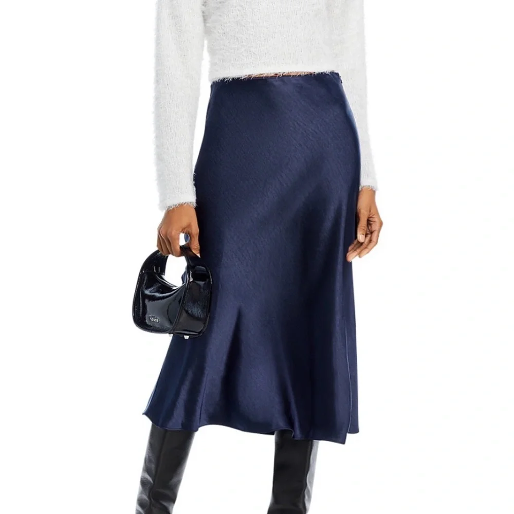 Aqua Navy Satin Bias-Cut Midi Skirt - Picture 2 of 4